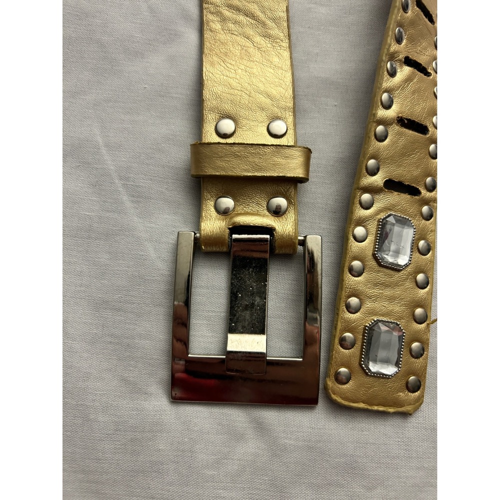 Gold Metallic Leather Studded Crystal Belt Silver Buckle Y2K Glam Boho 40 Inch - Picture 3 of 7
